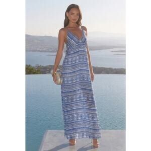 Blue and White Printed Silk Strappy Midi Gown with Splits Tacked Bodice | Large